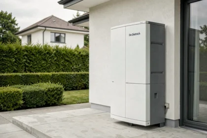 Pompe à chaleur De Dietrich 22 kW installée sur la façade extérieure d'une maison contemporaine avec jardin