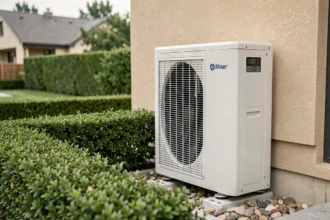 Pompe à chaleur silencieuse installée contre un mur extérieur de maison moderne entourée de végétation