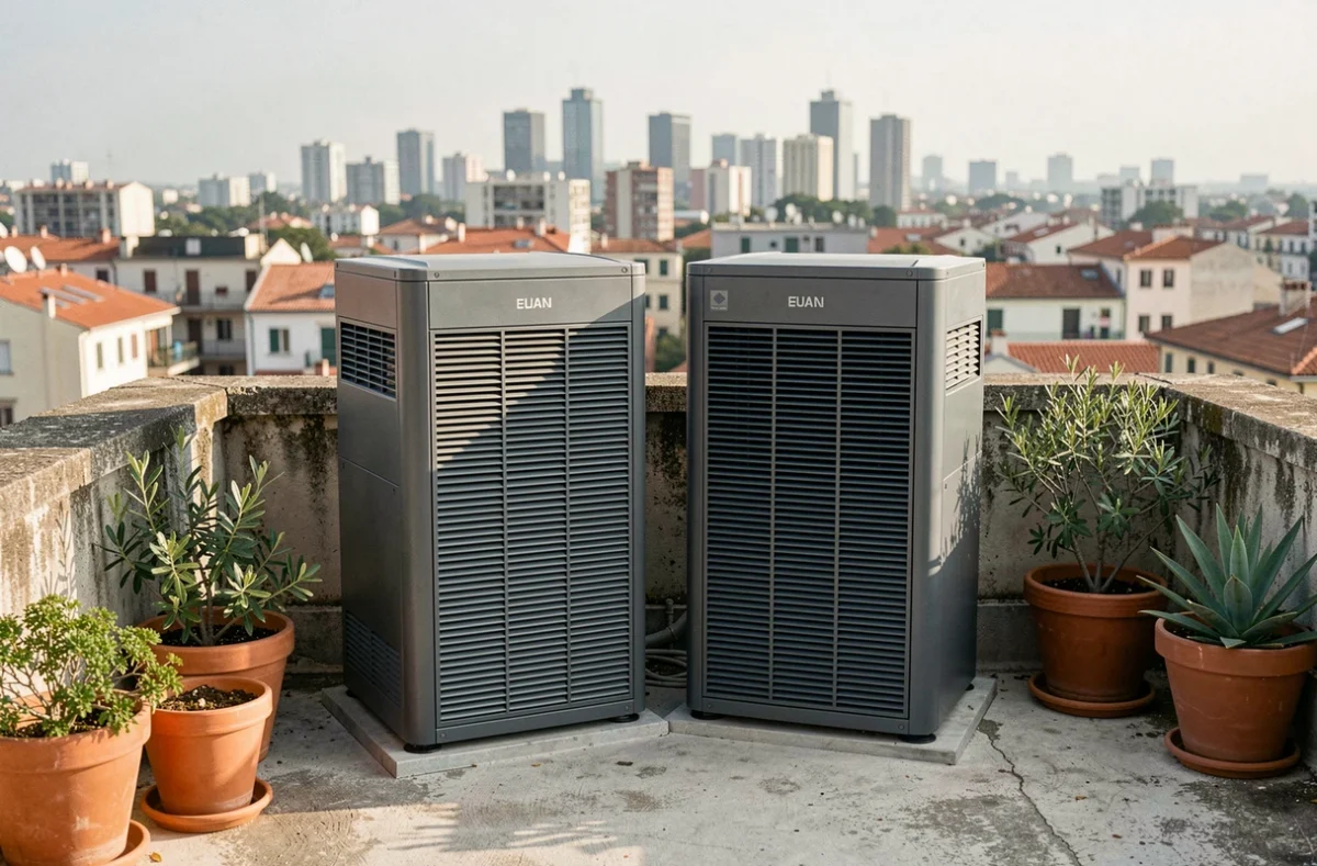 Deux pompes à chaleur silencieuses côte à côte sur une terrasse de toit en milieu urbain