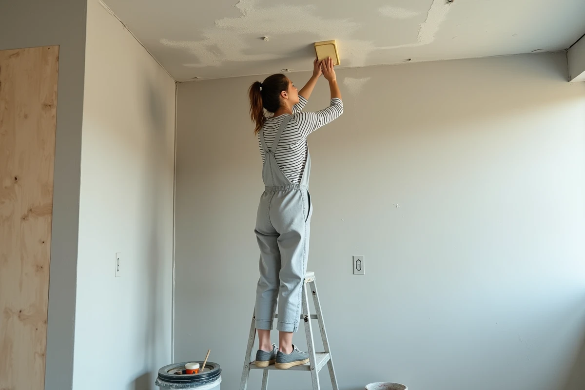 Femme ponçant une réparation de fissure sur plafond en plaque de plâtre avec un bloc de ponçage, poussière blanche visible