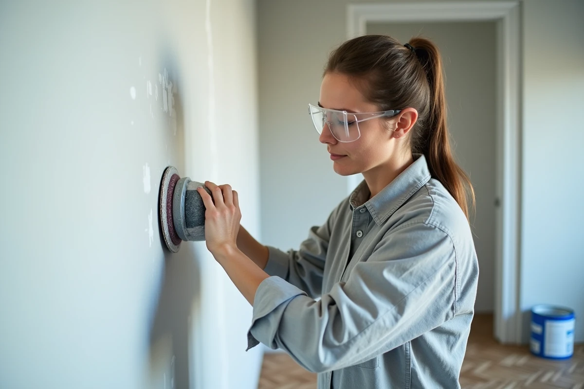 Femme utilisant une ponceuse orbitale sur une cloison enduite avant peinture dans un intérieur en rénovation