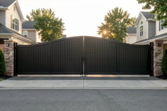Portail battant à deux vantaux fermé devant une allée de maison
