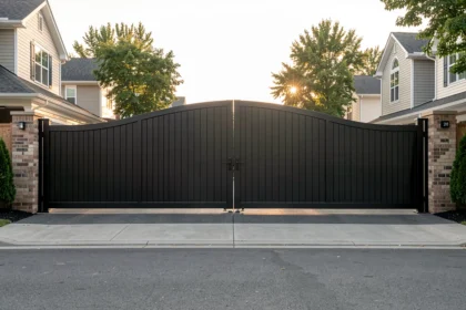 Portail battant à deux vantaux fermé devant une allée de maison