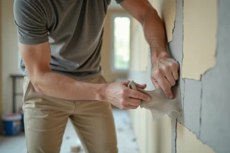 Artisan posant une bande armée sur un joint de plaque de plâtre avec précision