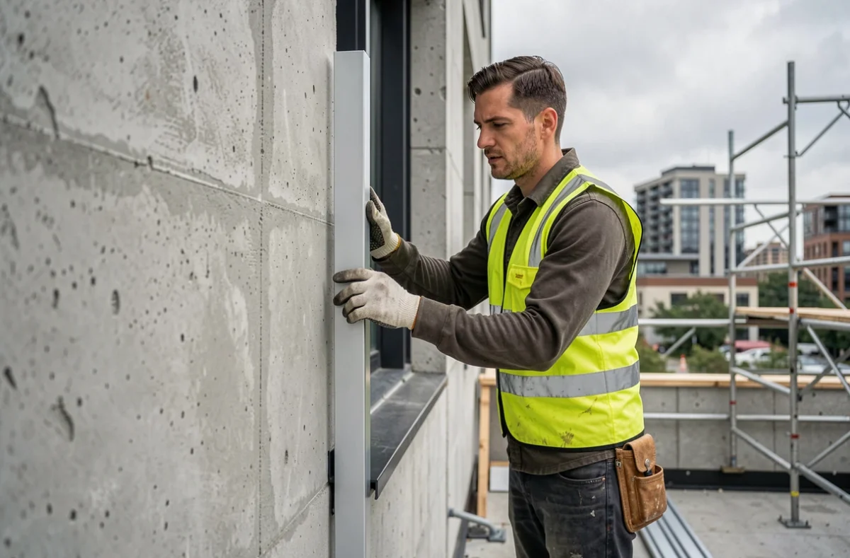 Ouvrier installant une cornière en aluminium sur la façade extérieure d'un bâtiment lors de travaux de construction