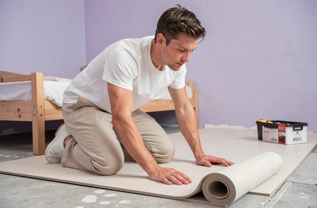 Parent installant un rouleau de linoléum dans une chambre d'enfant en cours de rénovation