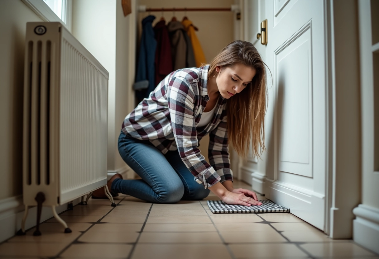 Jeune femme ajustant un tapis de protection sous un radiateur