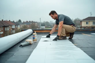 Ouvrier posant une membrane d'étanchéité sur un toit terrasse neuf en cours de construction