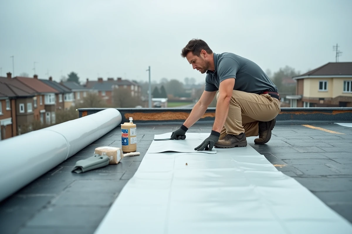 Ouvrier posant une membrane d'étanchéité sur un toit terrasse neuf en cours de construction