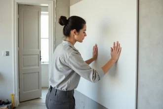 Femme posant une plaque PVC blanche sur le mur d'une salle d'eau en cours de rénovation
