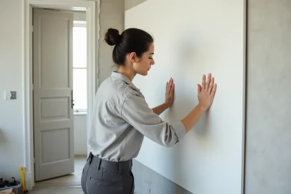 Femme posant une plaque PVC blanche sur le mur d'une salle d'eau en cours de rénovation