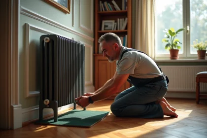 Homme posant un radiateur en fonte sur un parquet en bois