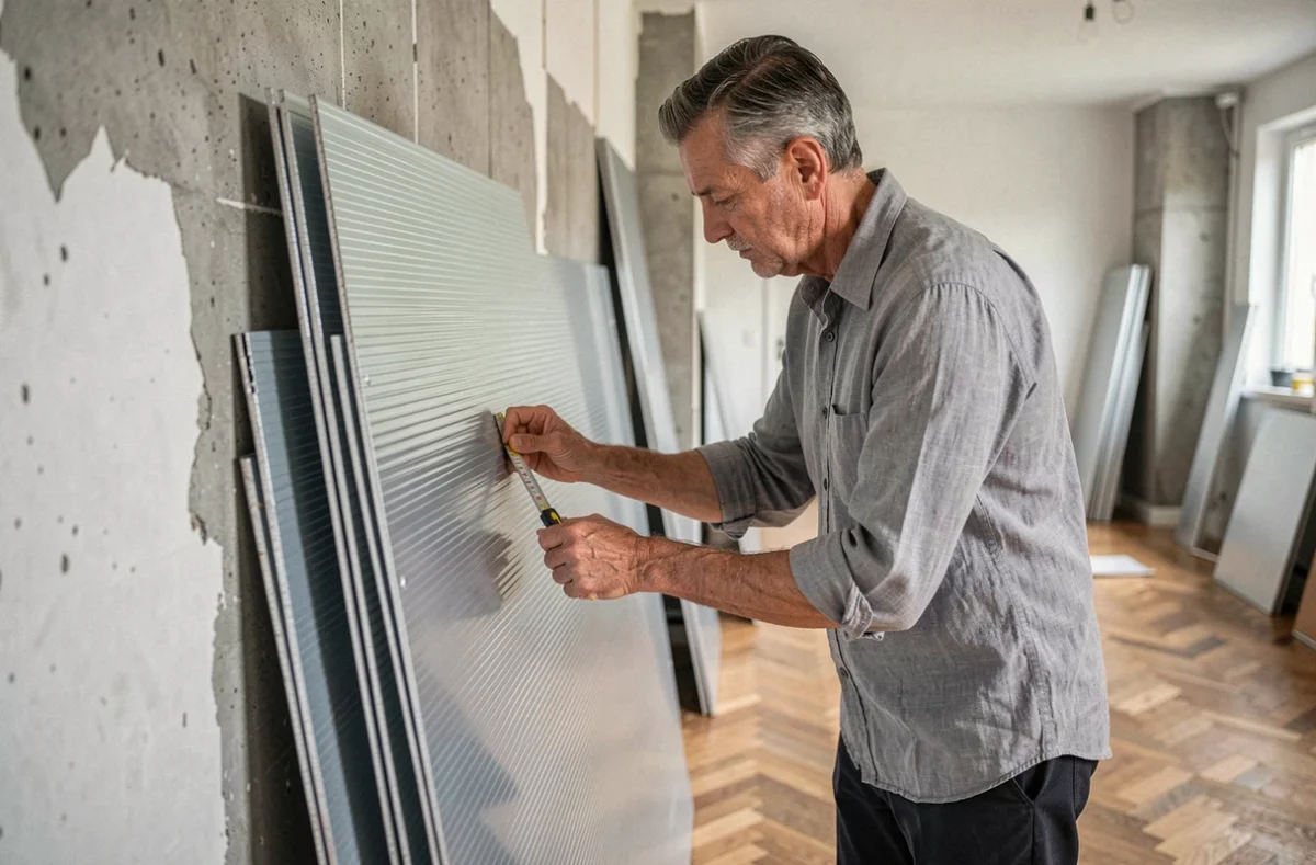 Artisan posant une tôle en aluminium sur un mur de salon en cours de rénovation intérieure