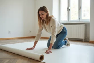 Femme posant un PVC dans un salon en rénovation