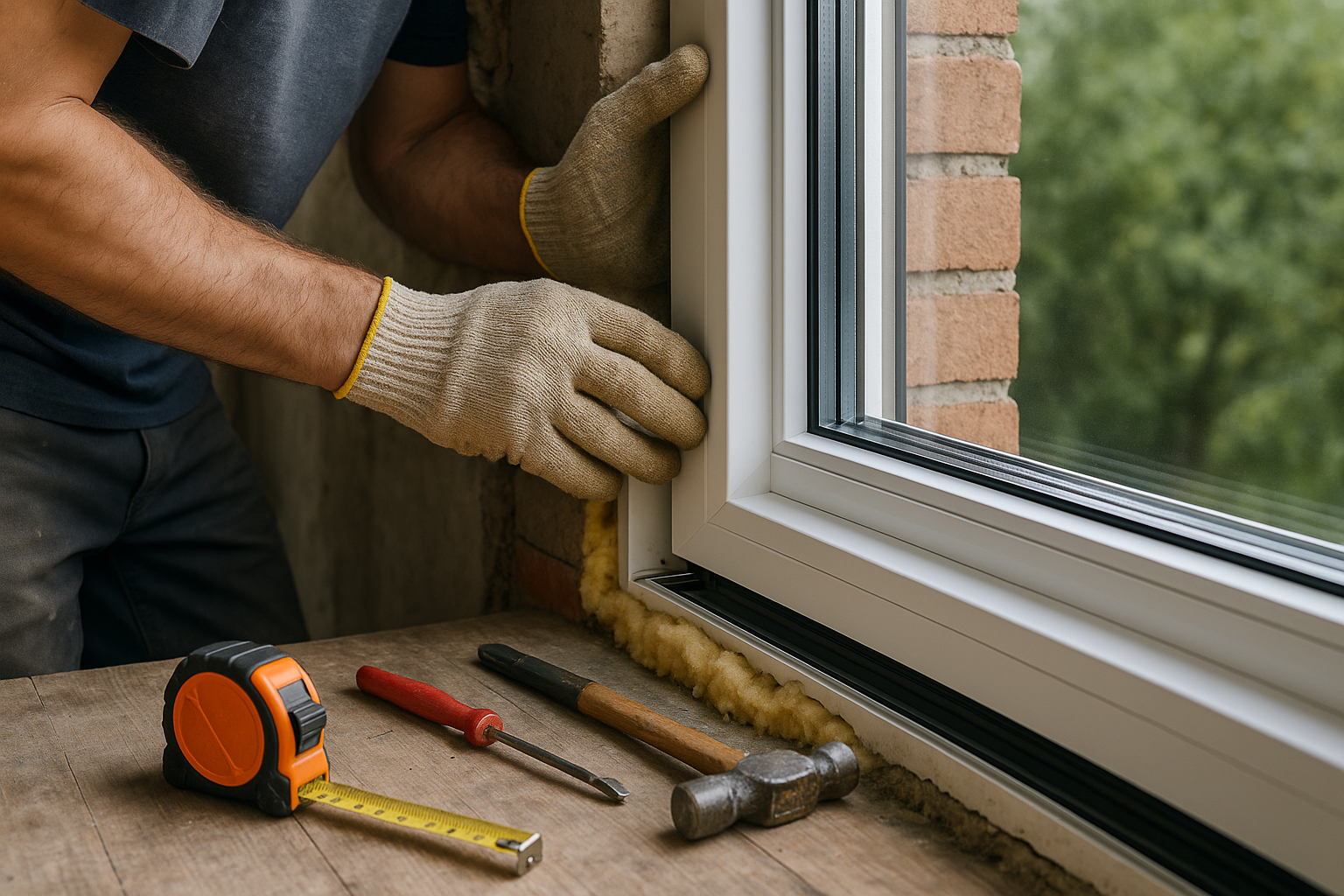 Installateur de fenêtres posant un cadre isolant précis
