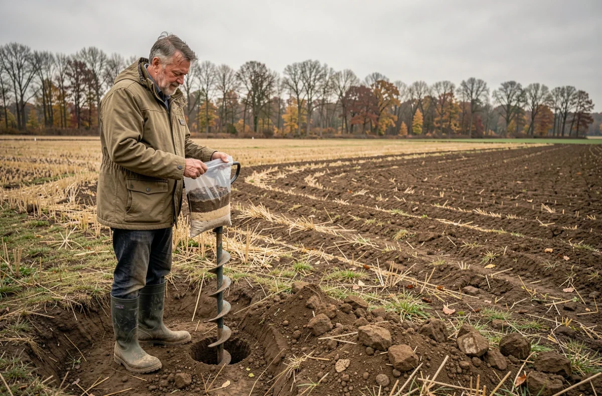 Agriculteur tenant un échantillon de carotte de sol en sac plastique au bord d'un champ labouré en automne
