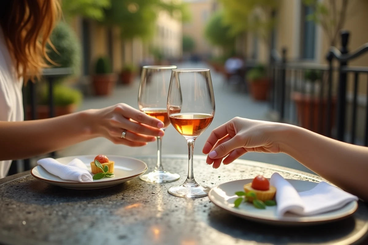 Mains d’un jeune adulte posant des verres sur une table extérieure