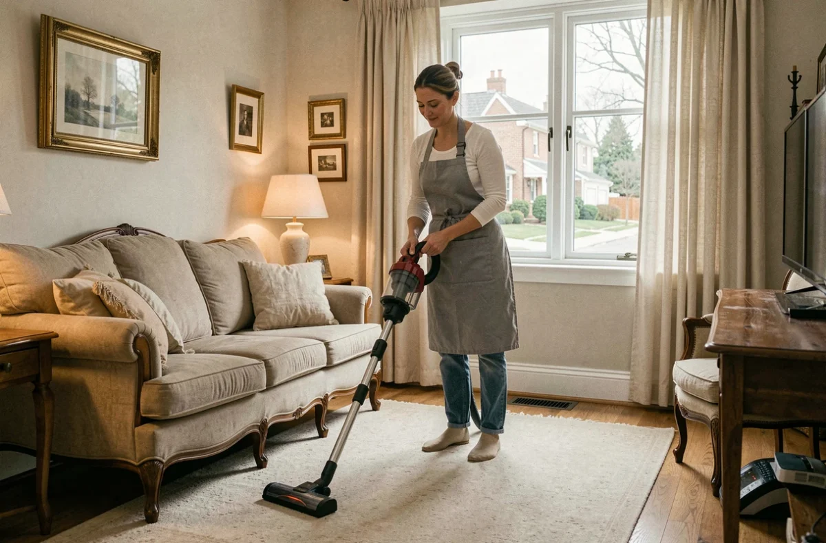 Prestataire de ménage passant l'aspirateur dans un salon de style provincial français lors d'une intervention à domicile