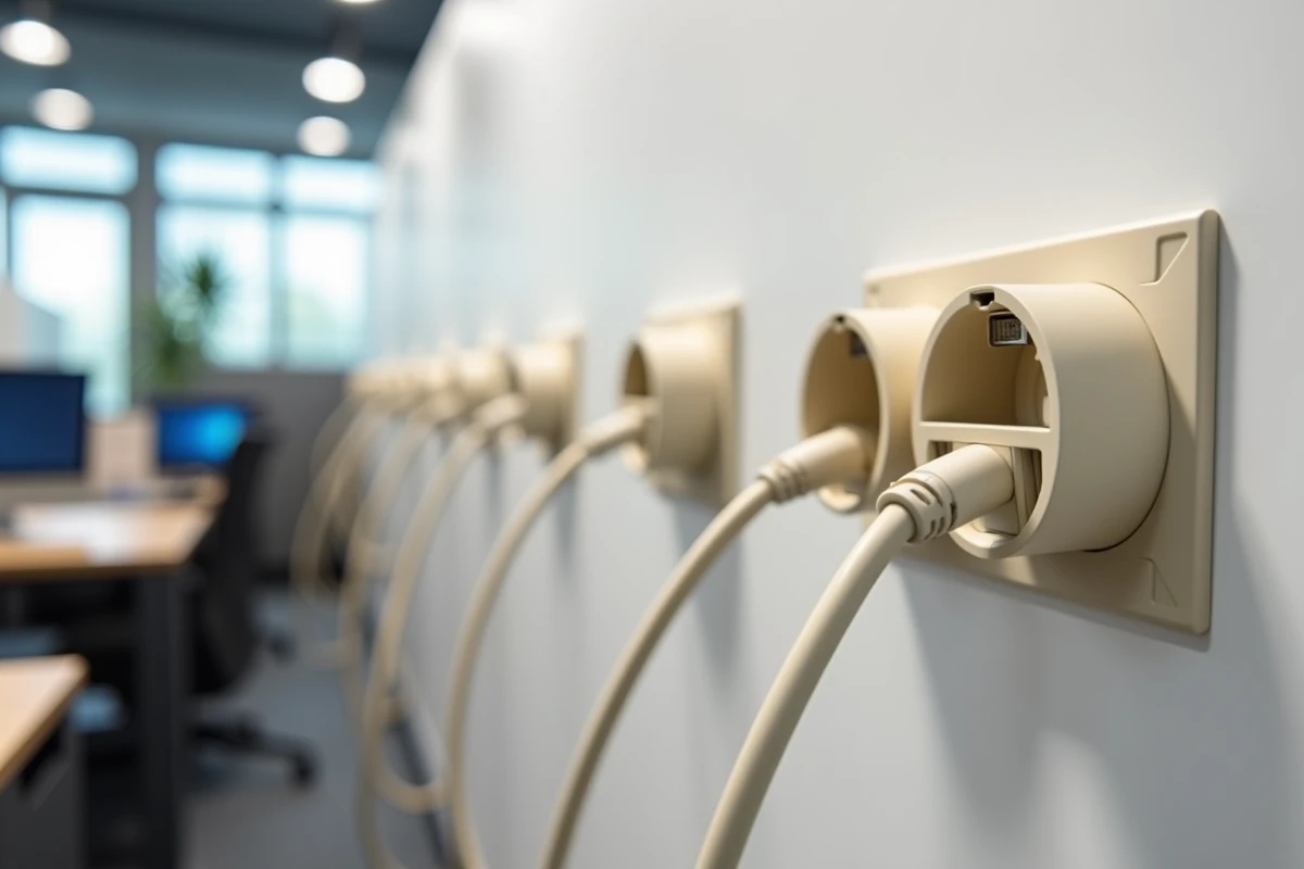 Gros plan sur des prises modulaires et ports USB intégrés dans une goulotte électrique de bureau