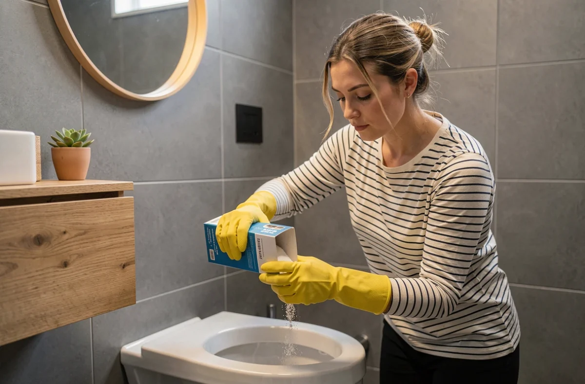 Une femme versant un produit débouchant naturel dans des toilettes bouchées dans une salle de bain moderne
