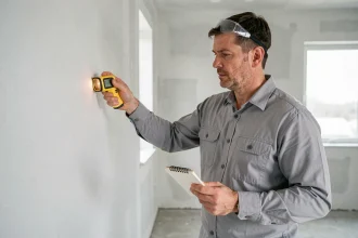 Professionnel du bâtiment utilisant un télémètre laser pour mesurer la surface d'une pièce vide