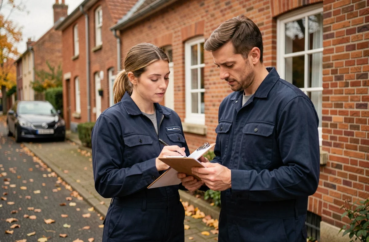 Deux professionnels du ménage à domicile consultant un devis devant une maison à Arras