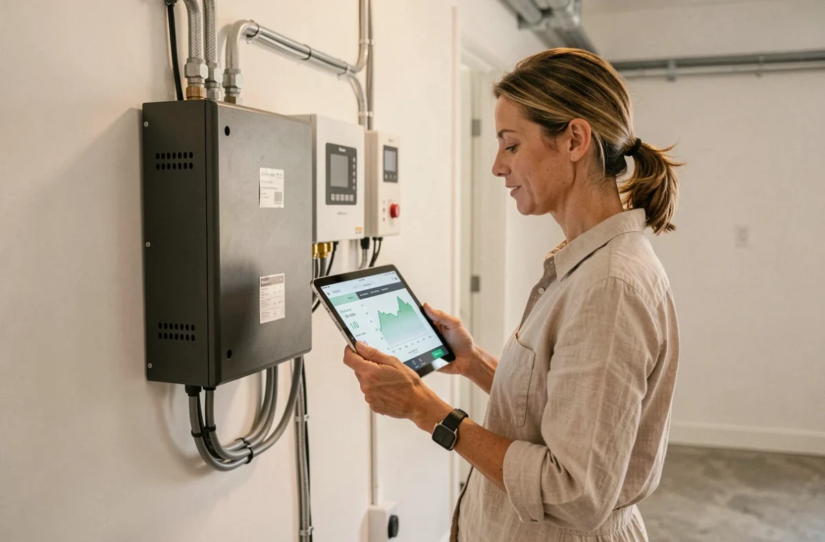Propriétaire consultant un système de stockage batterie pour installation solaire autonome 10000W à domicile