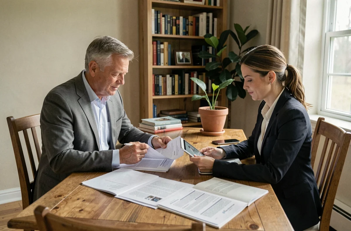 Propriétaire et conseillère en assurance discutant d'un contrat d'assurance habitation couvrant les accidents de l'aide ménagère