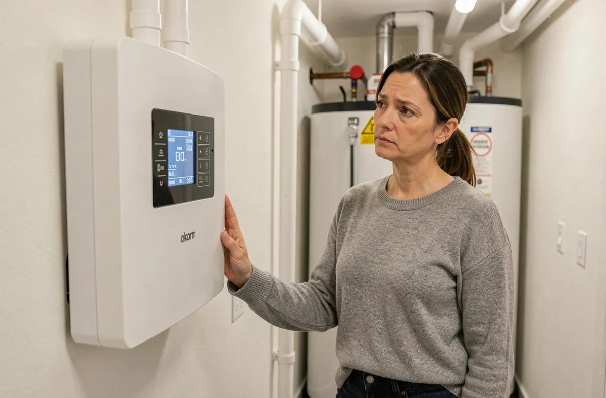 Propriétaire consultant le tableau de commande de sa pompe à chaleur air-eau dans un couloir technique intérieur