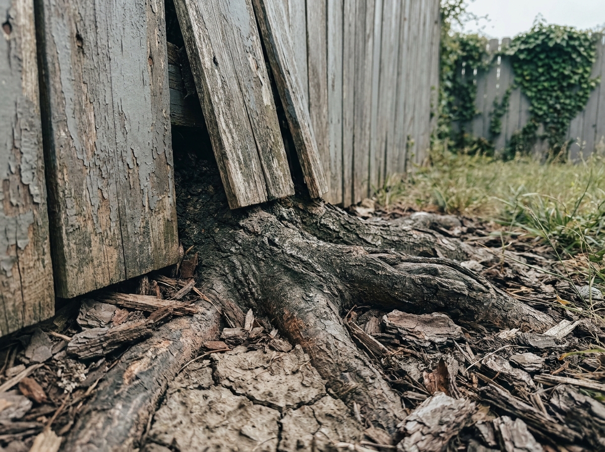 Racines d'arbre soulevant et déformant une clôture en bois dans un jardin résidentiel