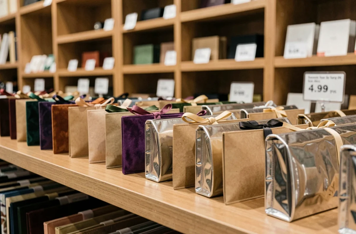 Rangée de pochettes pour cartes cadeaux variées en velours, kraft et papier métallisé exposées sur une étagère de boutique