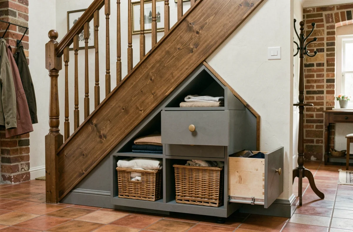 Rangements sur mesure sous un escalier en bois avec tiroirs gris et paniers en osier dans un couloir familial chaleureux