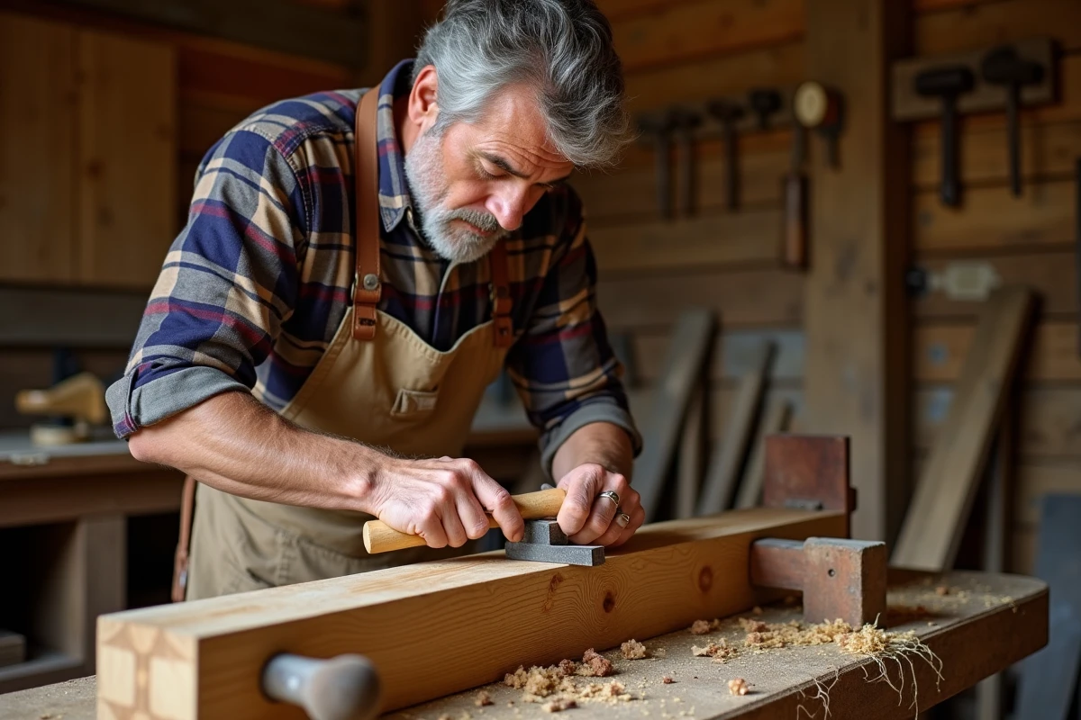 Menuisier expérimenté creusant une mortaise à la main avec un ciseau à bois et un maillet en bois sur un établi d'atelier traditionnel
