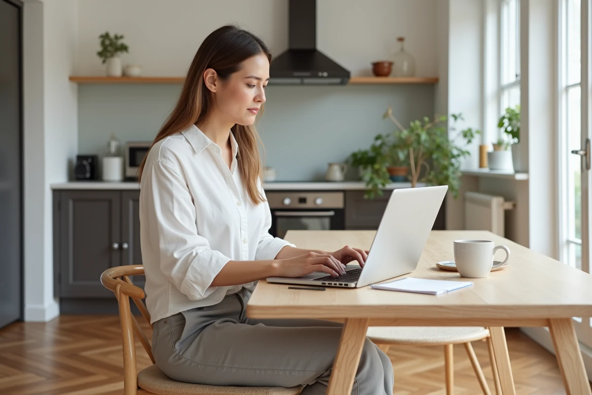 Femme recherchant un artisan qualifié en ligne depuis son domicile sur ordinateur portable