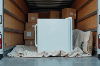 Réfrigérateur couché horizontalement dans un camion de déménagement recouvert d'une couverture de protection