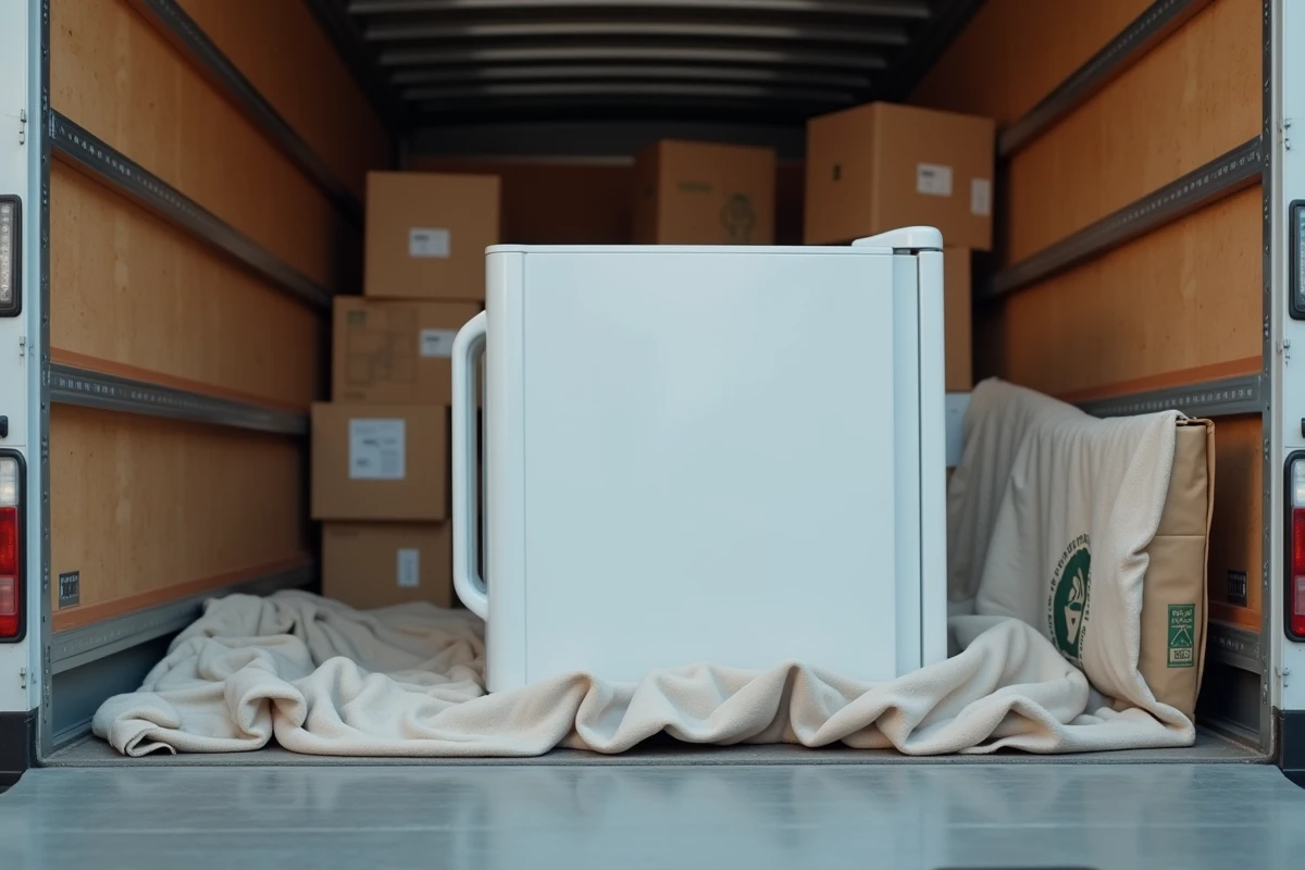 Réfrigérateur couché horizontalement dans un camion de déménagement recouvert d'une couverture de protection