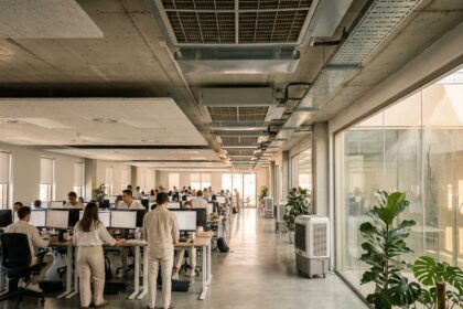 Espace de bureaux tertiaires équipé de panneaux de refroidissement par évaporation et d'unités de rafraîchissement adiabatique en été