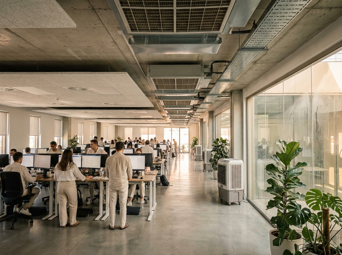 Espace de bureaux tertiaires équipé de panneaux de refroidissement par évaporation et d'unités de rafraîchissement adiabatique en été