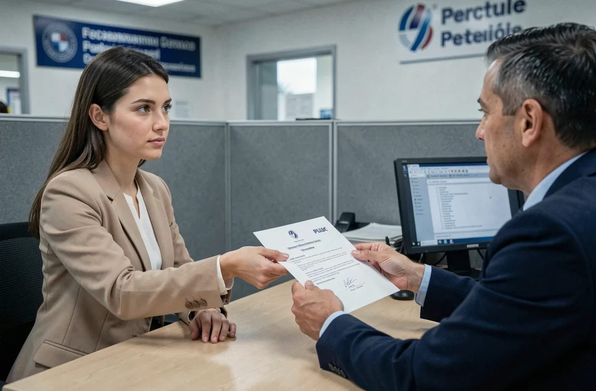 Jeune femme remettant une attestation de domicile sur l'honneur à un agent administratif
