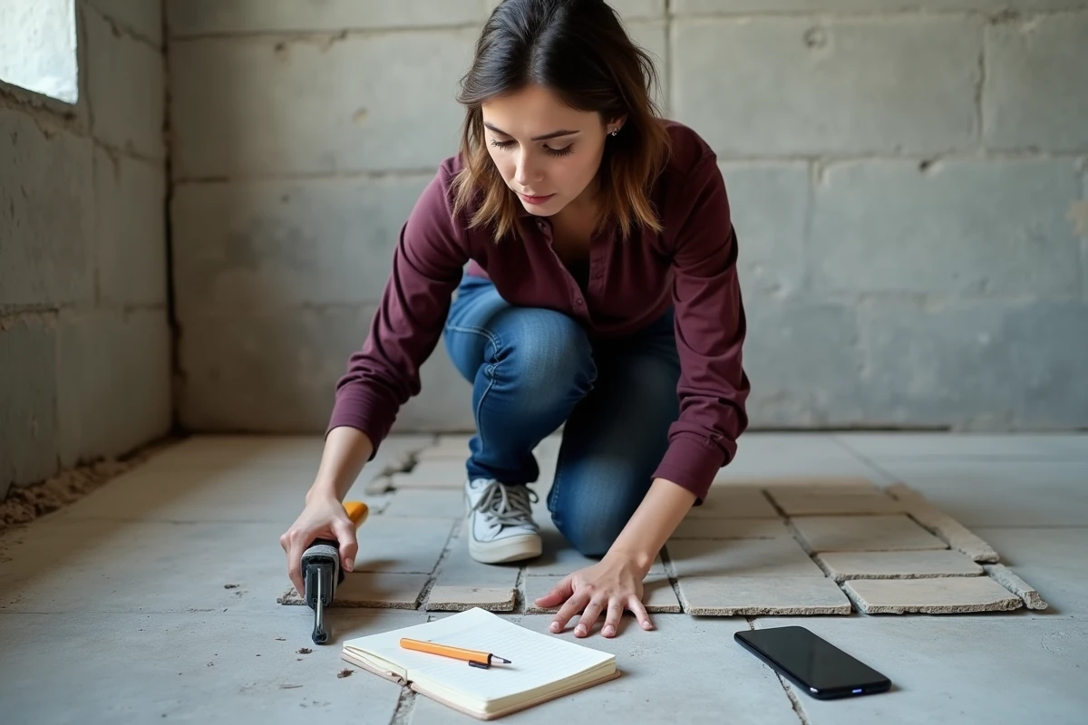 Femme rénovant une salle de bain avec une découpeuse à carrelage en location, carnet de budget travaux et tableur visible à côté d'elle