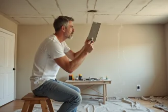 Homme réparant une fissure sur un plafond en plaque de plâtre avec un couteau à enduire et de l'enduit de jointoiement