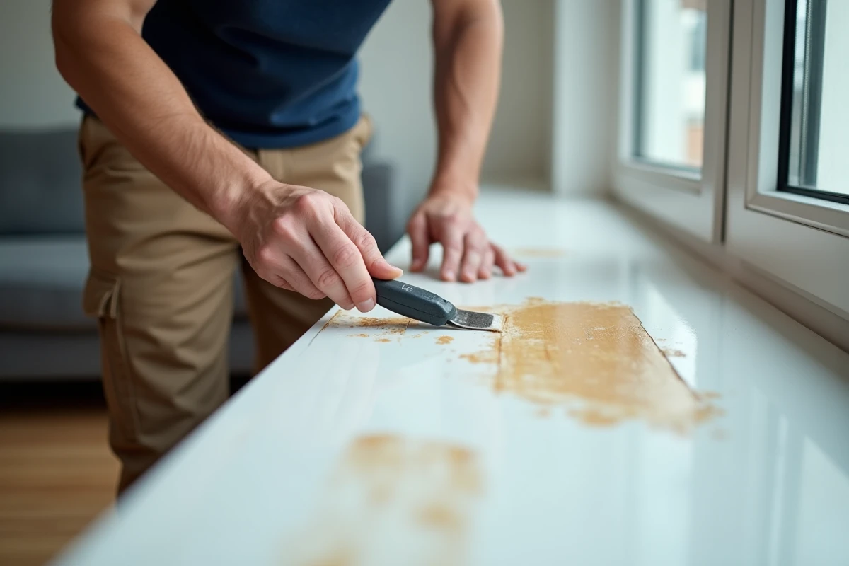 Homme utilisant une spatule plastique pour décoller de la colle séchée sur un rebord de fenêtre en PVC