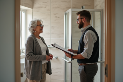 Femme âgée discutant avec un professionnel dans une salle de bain accessible