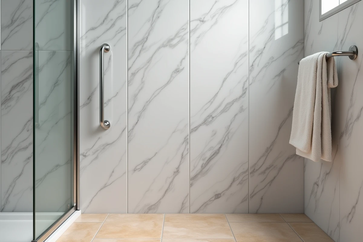 Salle d'eau rénovée avec des plaques PVC effet marbre gris installées du sol au plafond
