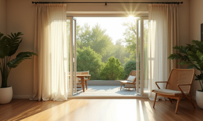 Salon lumineux avec porte-fenêtre et écran moustiquaire