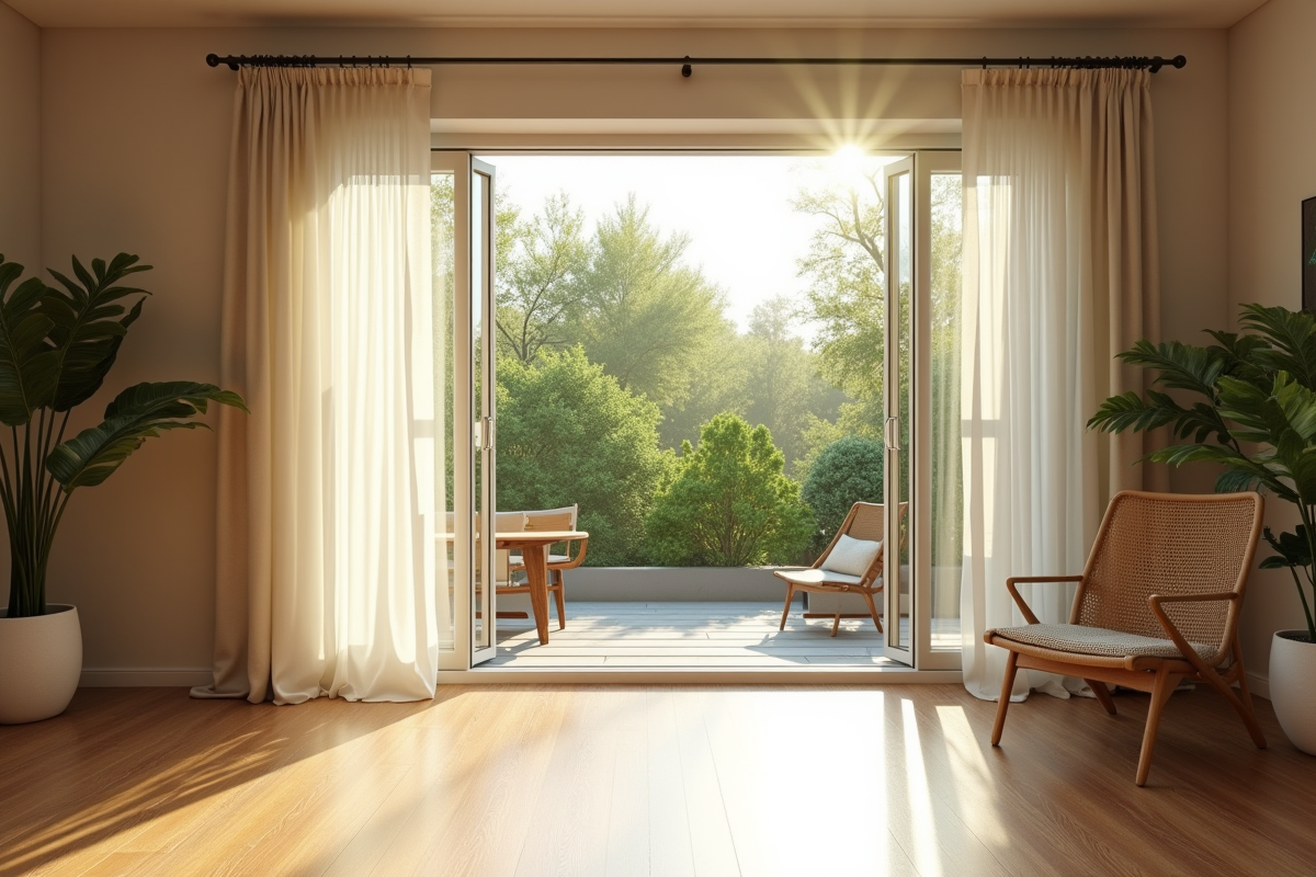 Salon lumineux avec porte-fenêtre et écran moustiquaire