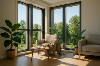 Salon moderne lumineux avec grandes fenêtres et coin lecture