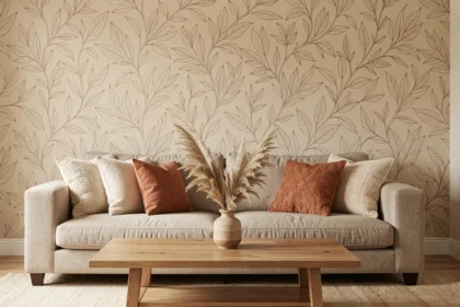 Salon chaleureux avec papier peint beige à motifs botaniques et canapé en lin naturel