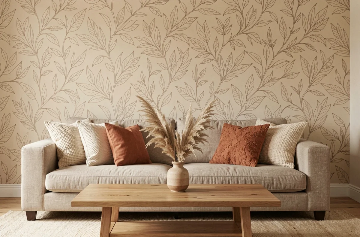 Salon chaleureux avec papier peint beige à motifs botaniques et canapé en lin naturel