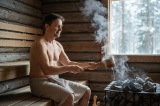 Homme finlandais dans un sauna traditionnel en bois